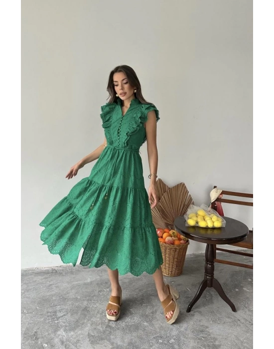 Zümrüt Fırfırlı Düğmeli Elbise