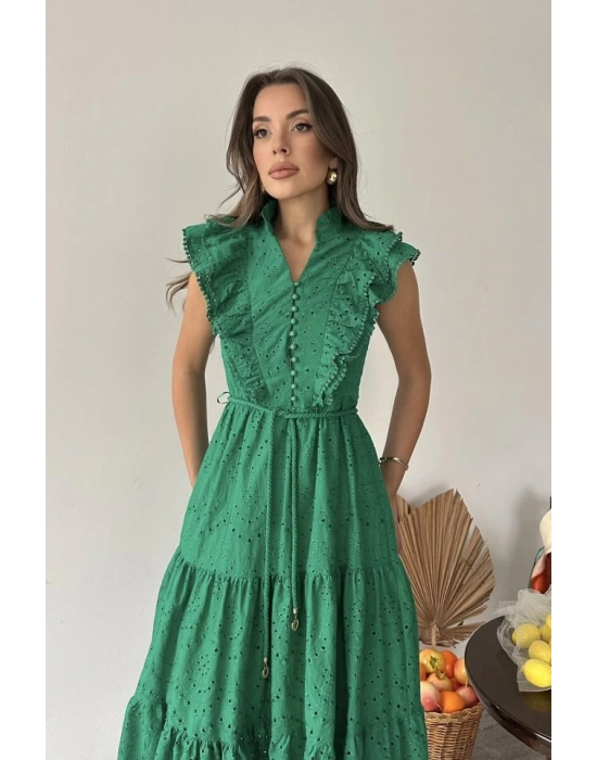 Zümrüt Fırfırlı Düğmeli Elbise