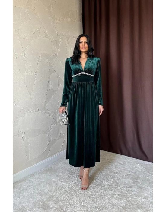 Zümrüt Göğüs Altı Taşlı Elbise