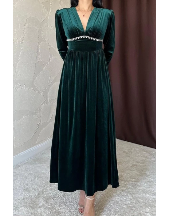 Zümrüt Göğüs Altı Taşlı Elbise