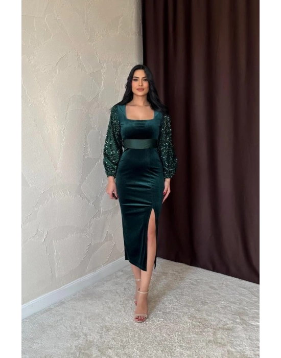 Zümrüt Pul Payetli Kadife Elbise