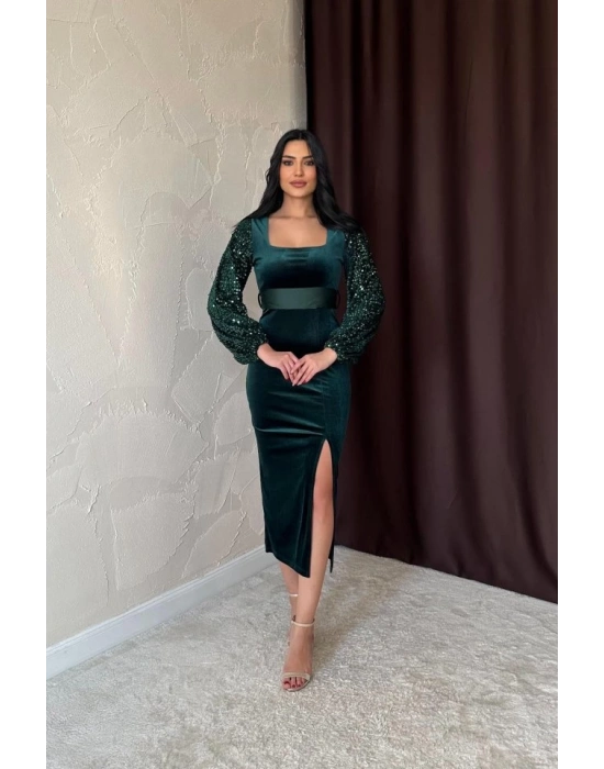 Zümrüt Pul Payetli Kadife Elbise