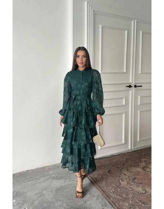 Zümrüt Valonlu Şeritli Kat Kat Elbise