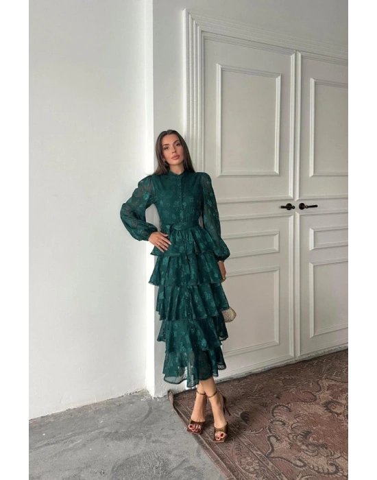 Zümrüt Valonlu Şeritli Kat Kat Elbise