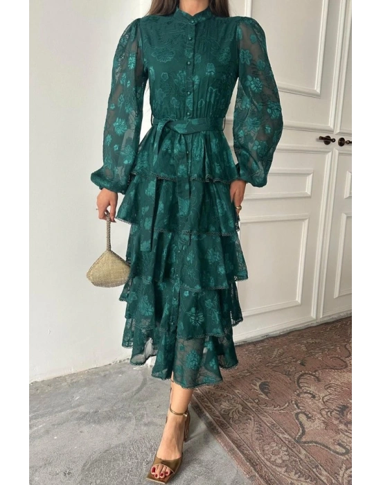 Zümrüt Valonlu Şeritli Kat Kat Elbise