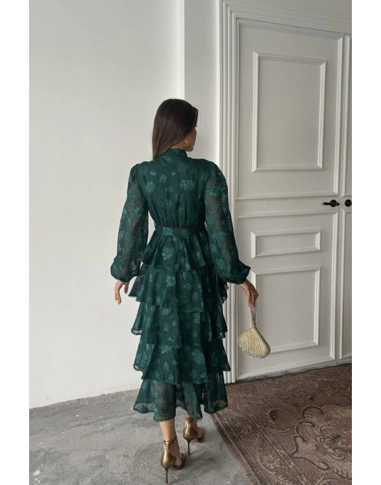 Zümrüt Valonlu Şeritli Kat Kat Elbise