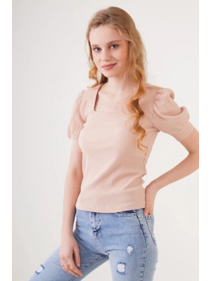 0409 Kare Yaka Örme Bluz  Bisküvi