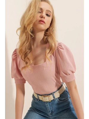 0409 Kare Yaka Örme Bluz  Pudra