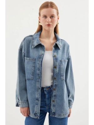 0694 Çift Cepli Oversize Denim Ceket  Buz Mavi