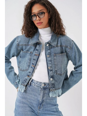 0716 Çift Cepli Crop Kot Ceket  Mavi