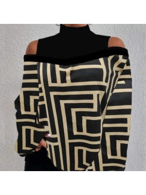 0Kadın Uzun Kollu Balıkçı Yaka Omuz Pencereli Labirent Dijital Baskılı şardonlu Dalgıçsalaş Bluz