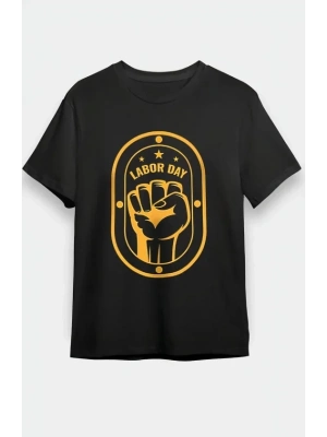 1 ayıs abor Day Emekçi Temalı Baskılı Oversize Bisiklet Yaka Tshirt  iyah