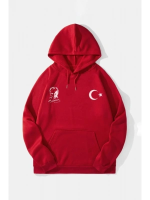 10 Kasıma Özel Üç İplik Kapşonlu Baskılı weathirt  Kırmızı