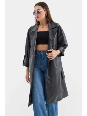 1034 Kuşaklı Suni Deri Trençkot  Siyah