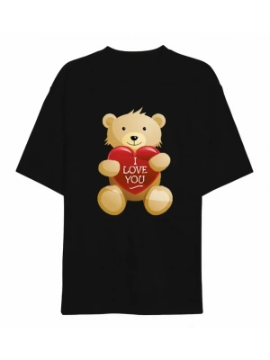14 Şubat evgililer Günü I ove You Ayı Baskılı Oversize Bisiklet Yaka Tshirt  iyah