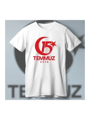 15 Temmuz Demokrasi Ve illi Birlik 2016 Anma Baskılı Bisiklet Yaka Tshirt  Beyaz