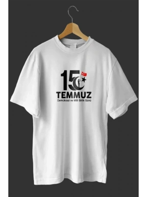 15 Temmuz Demokrasi Ve illi Birlik Günü Baskılı Oversize Bisiklet Yaka Tshirt  Beyaz