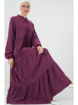 1627 Yaka Bağcıklı Tesettür Elbise  Çapa Mor