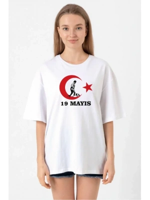 19 ayıs Atatürk Gençlik por Bayramı Baskılı Bisiklet Yaka Tshirt  Beyaz