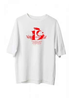 19 ayıs Atatürk Temalı Gençlik Ve por Bayramı Bisiklet Yaka Tshirt  Beyaz