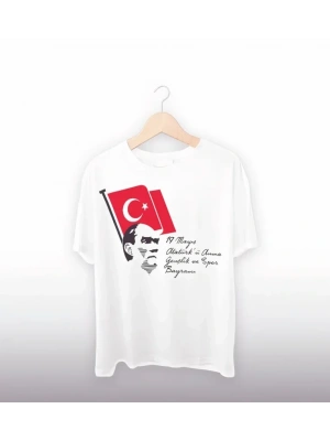 19 ayıs Atatürkü Anma Gençlik Ve por Bayramı Baskılı Oversize Tshirt  Beyaz