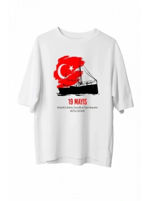 19 ayıs Atatürkü Anma Gençlik Ve por Bayramı Baskılı Oversize Tshirt  Beyaz