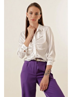 20112 Büzgülü Saten Gömlek  Beyaz