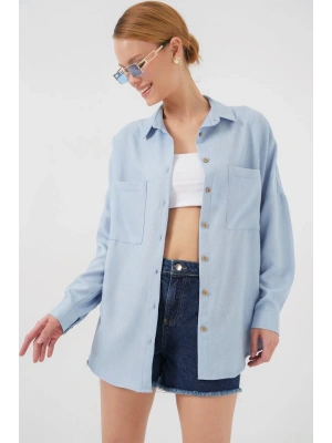 20126 Oversize Keten Gömlek  Mavi