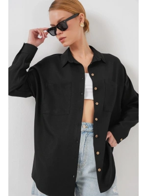 20126 Oversize Keten Gömlek  Siyah