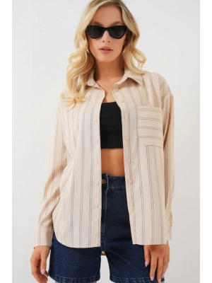 20143 Cepli Oversize Gömlek  Krem