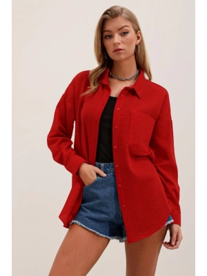 20153 Tek Cepli Oversize Gömlek  Kırmızı
