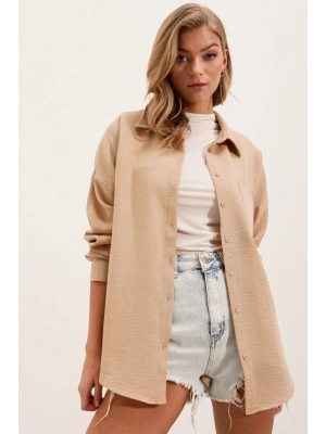 20153 Tek Cepli Oversize Keten Gömlek  A.Bej