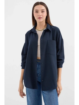 20153 Tek Cepli Oversize Keten Gömlek  Lacivert