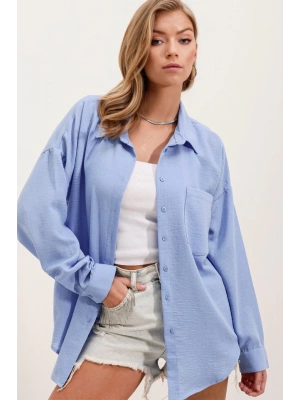 20153 Tek Cepli Oversize Keten Gömlek  Mavi