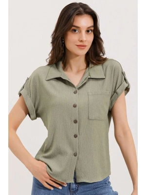 20187 Kısa Kol Oversize Örme Gömlek  Çağla