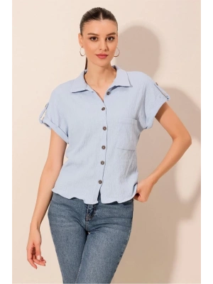 20187 Kısa Kol Oversize Örme Gömlek  Mavi