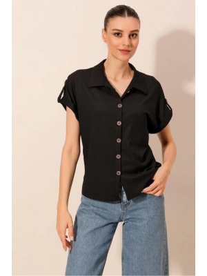 20187 Kısa Kol Oversize Örme Gömlek  Siyah