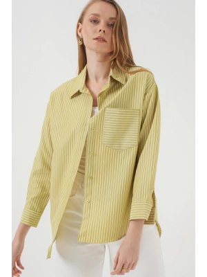 20205 Çizgili Oversize Gömlek  Yağ Yeşil