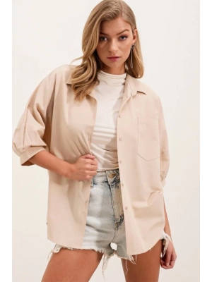 20213 Oversize Kısa Kol Basic Gömlek  Krem