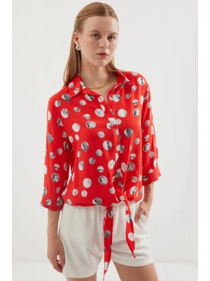 20243 Önü Bağlamalı Desenli Gömlek  Kırmızı