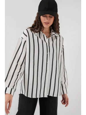 20254 Çizgili Oversize Basic Gömlek  Siyah  Beyaz