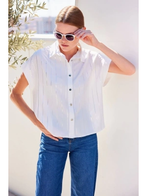 20262 Kısa Kol Çizgili Gömlek  Beyaz