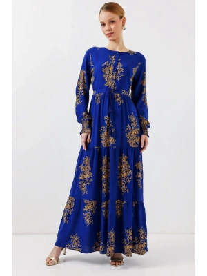 2145 Desenli Tesettür Elbise  Saks