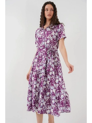 2191 Kısa Kol Desenli Elbise  Mor