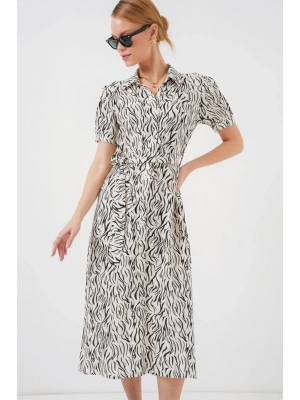 2213 Kısa Kol Viskon Elbise  C.Beyaz