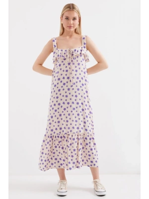 2237 Desenli Askılı Viskon Elbise  Lila