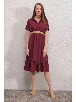 2292 Kemerli Elbise  Bordo