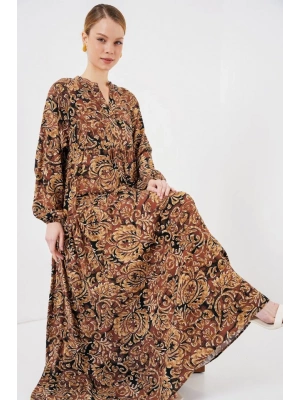 23 Otantik Desenli Tesettür Elbise  Camel