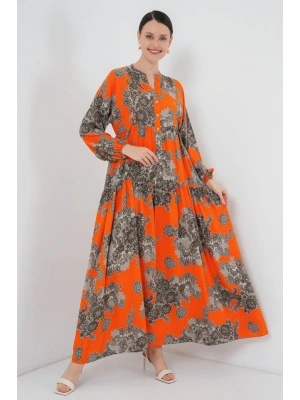 23 Otantik Desenli Tesettür Elbise  E. Turuncu