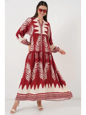 23 Otantik Desenli Tesettür Elbise  G.Bordo